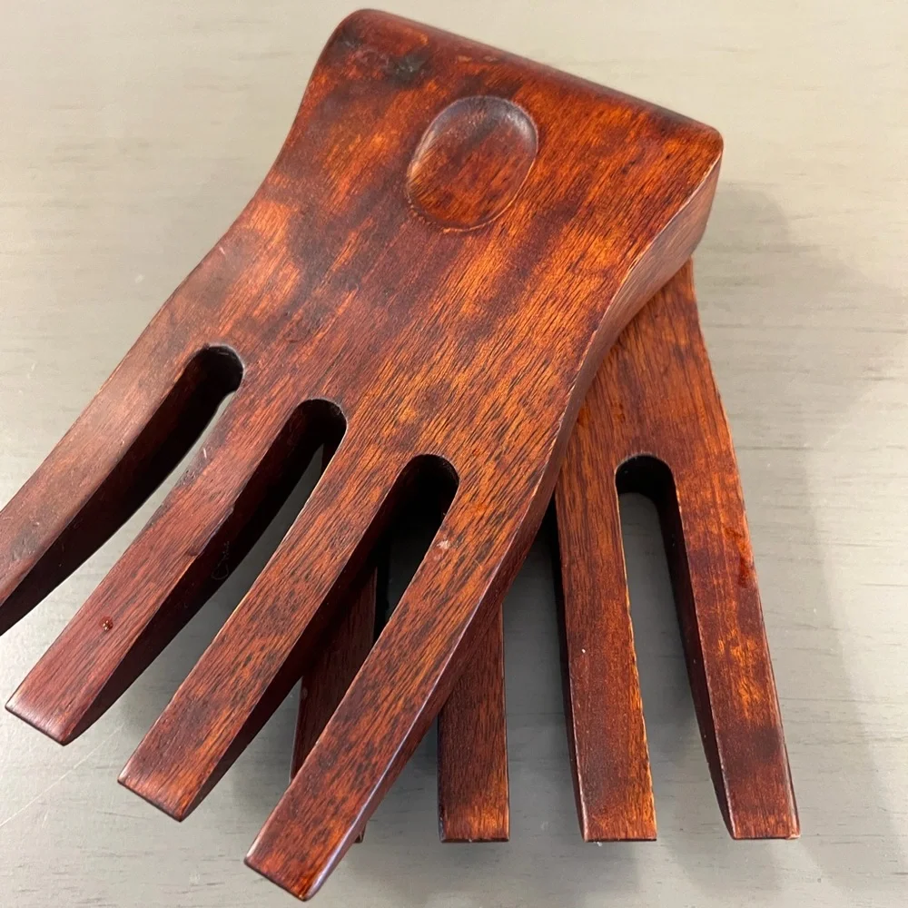 Solid Dark Wood Salad Hands Claws Kitchen Serving Utensil Smooth Edge Thumb Pad